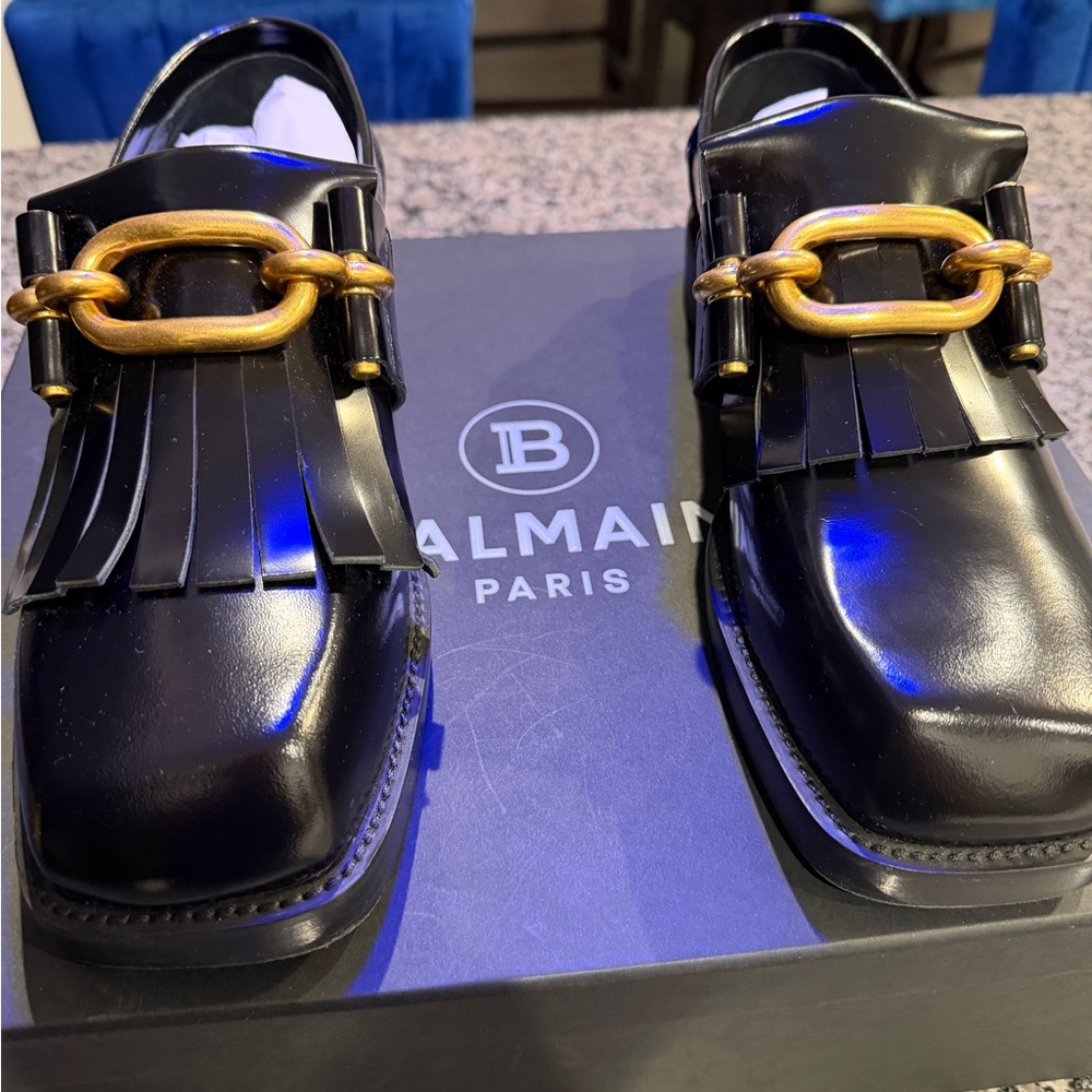 Balmain Sync Glazed Leather Black Loafers with Gold Chain Detail